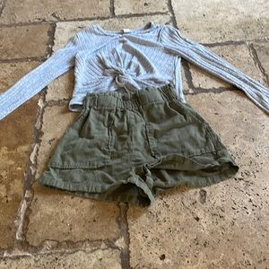 Gray top green pants